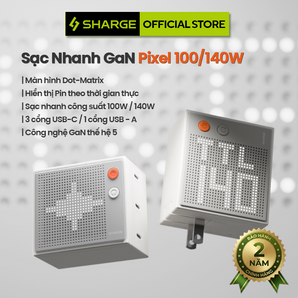 Pixel 100W / 140W – Củ sạc SHARGE GaN 3 cổng USB-C, Màn hình Dot-Matrix