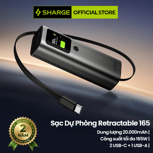 Retractable 165 – Pin Dự Phòng SHARGE Laptop 20.000mAh, 165W, Cáp USB-C, Rút Gọn Tích Hợp