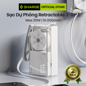 SHARGE Discho – Pin dự phòng 10.000mAh 30W 3-in-1, Củ sạc GaN & Cáp USB-C tích hợp