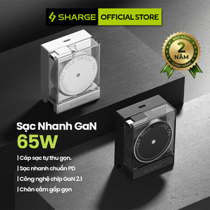Retractable 65W – Củ sạc SHARGE GaN 2 cổng USB-C, cáp USB-C tích hợp
