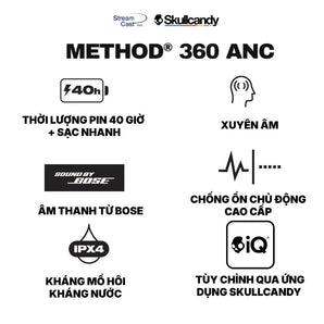 Tai nghe Bluetooth SKULLCANDY METHOD 360 ANC - Bảo Hành 1 NĂM| chống ồn| Pin 40 giờ, Chống ồn chủ động